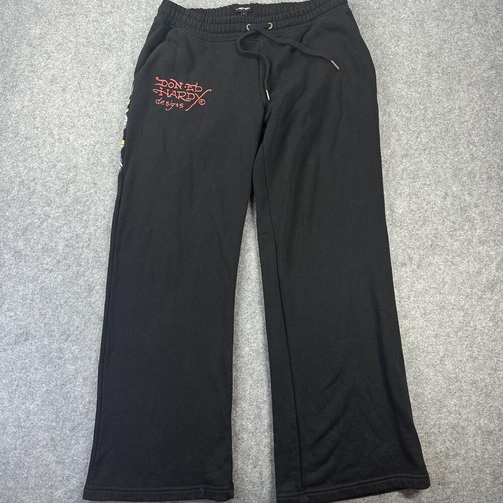Ed Hardy Pants Womens Large Black Fleece Lounge Sweatpants Skull NYC Graphic